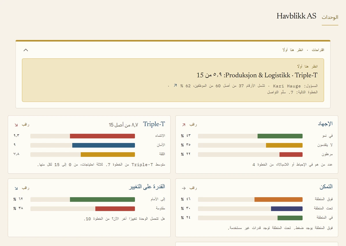 نظرة عامة على الوحدات في Havblikk AS. تظهر في الأعلى الوحدة التي ينبغي للقيادة النظر فيها أولًا. وتظهر أسفلها الأرقام المجمّعة للإجهاد وTriple-T والتمكّن والقدرة على التغيير.