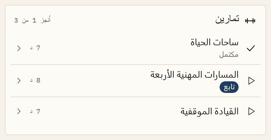 تمارين أحد المواضيع في التطبيق: ثلاثة فيديوهات قصيرة مع Jan Petrus، تتراوح مدة كل منها بين سبع وثماني دقائق. أُنجز الأول، وبُدئ بالثاني.