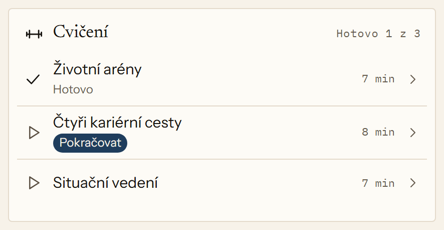 Cvičení k jednomu tématu v aplikaci: tři krátká videa s Janem Petrusem, každé o délce sedm až osm minut. První je hotové, druhé rozpracované.