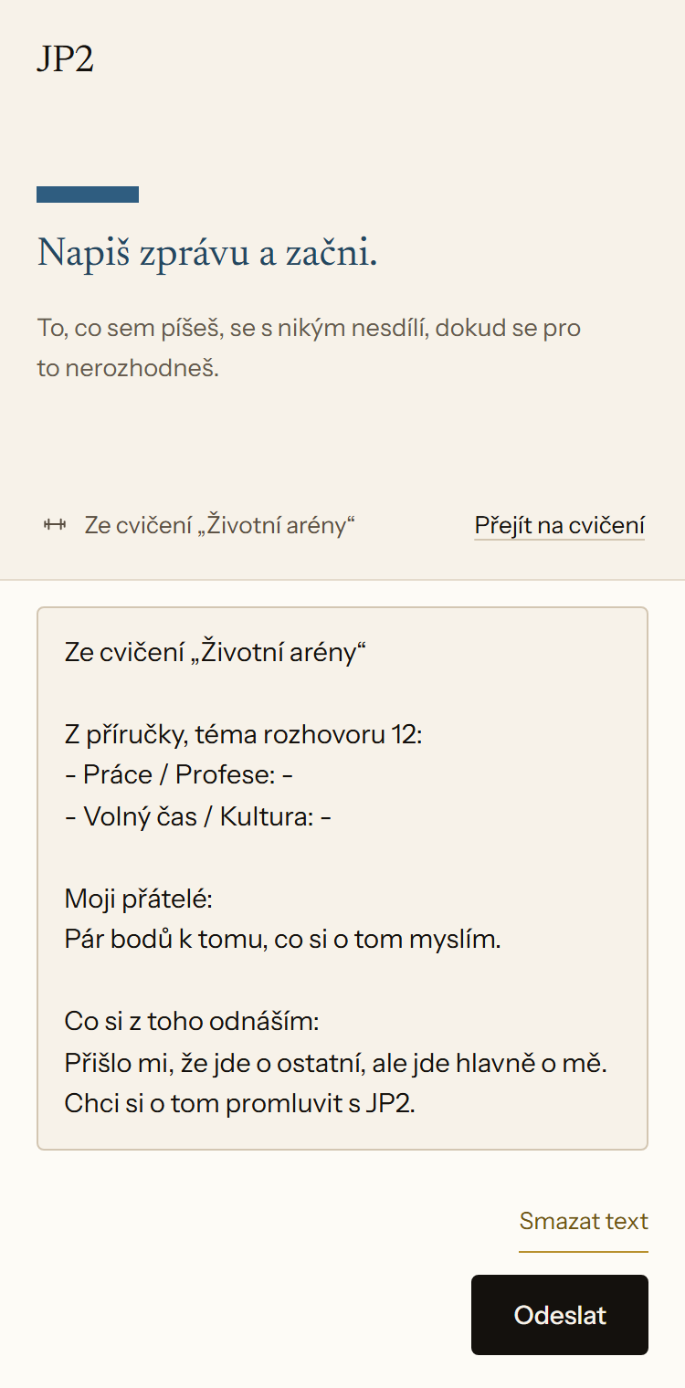 Nový rozhovor s JP2 v aplikaci. V poli pro zprávu je vložený text ze cvičení Životní arény s poznámkami o přátelích a o tom, co si z toho člověk odnáší.