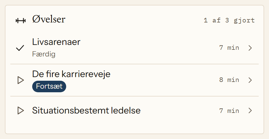Øvelserne til et tema i appen: tre korte film med Jan Petrus på syv til otte minutter hver. Den første er gennemført, den anden er påbegyndt.