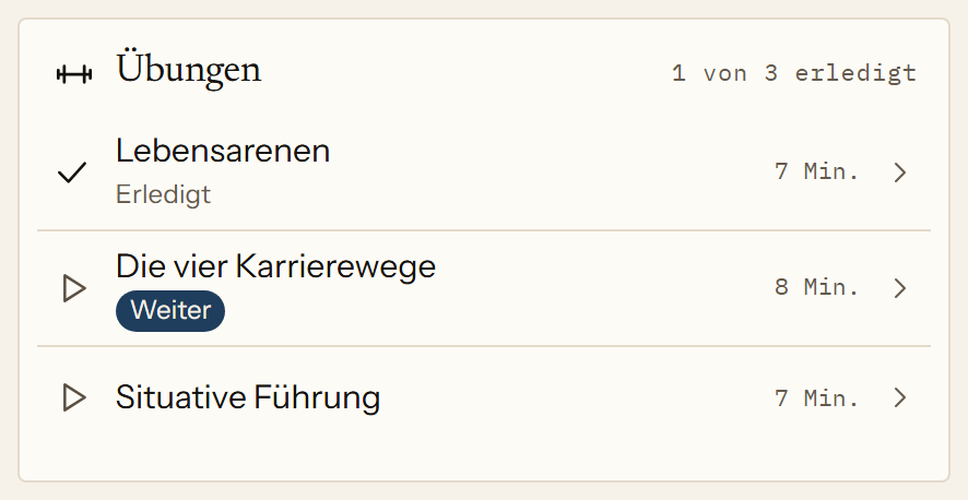 Die Übungen zu einem Thema in der App: drei kurze Videos mit Jan Petrus, jeweils sieben bis acht Minuten lang. Die erste Übung ist abgeschlossen, die zweite begonnen.