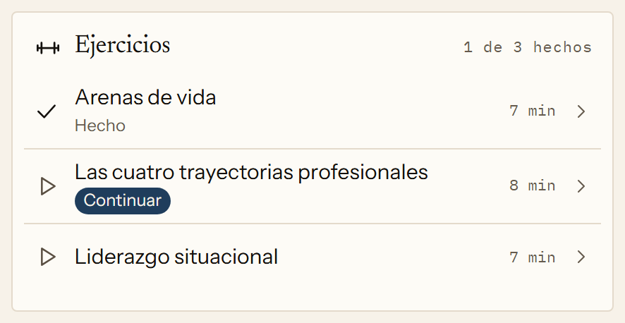 Los ejercicios de un tema en la app: tres vídeos cortos con Jan Petrus, de siete a ocho minutos cada uno. El primero está completado y el segundo está empezado.