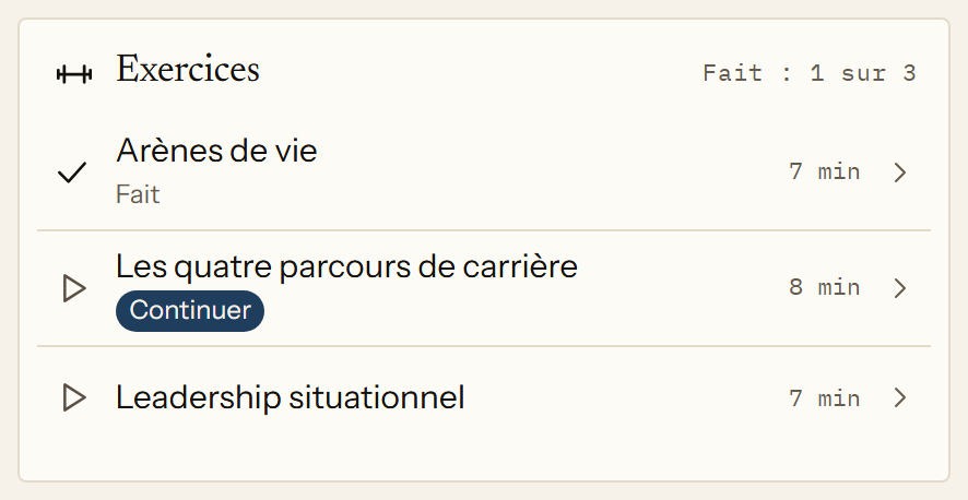 Les Exercices d’un thème dans l’application : trois courtes vidéos avec Jan Petrus, de sept à huit minutes chacune. La première est terminée, la deuxième est commencée.
