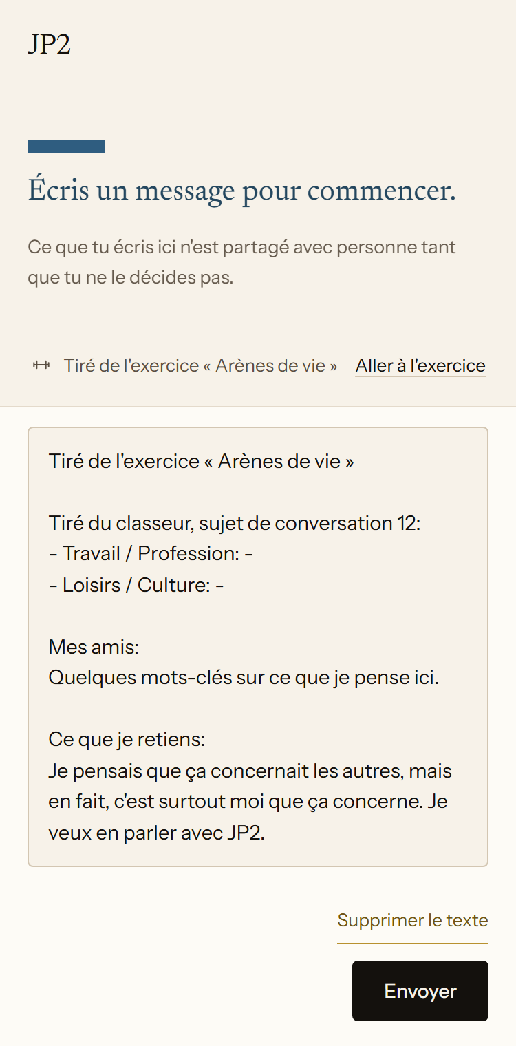 Une nouvelle conversation avec JP2 dans l’application. Le texte de l’exercice Arènes de vie est saisi dans le champ de message, avec des notes sur les amis et sur ce que la personne en retient.