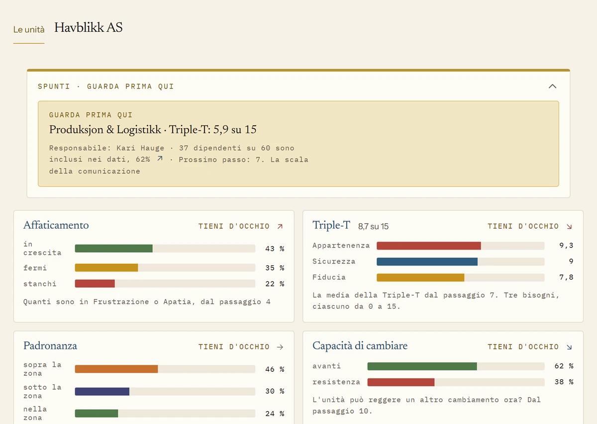 La panoramica delle unità di Havblikk AS. In alto compare l'unità che la direzione dovrebbe esaminare per prima. Sotto sono riportati i dati aggregati su carico, Triple-T, padronanza e capacità di cambiamento.