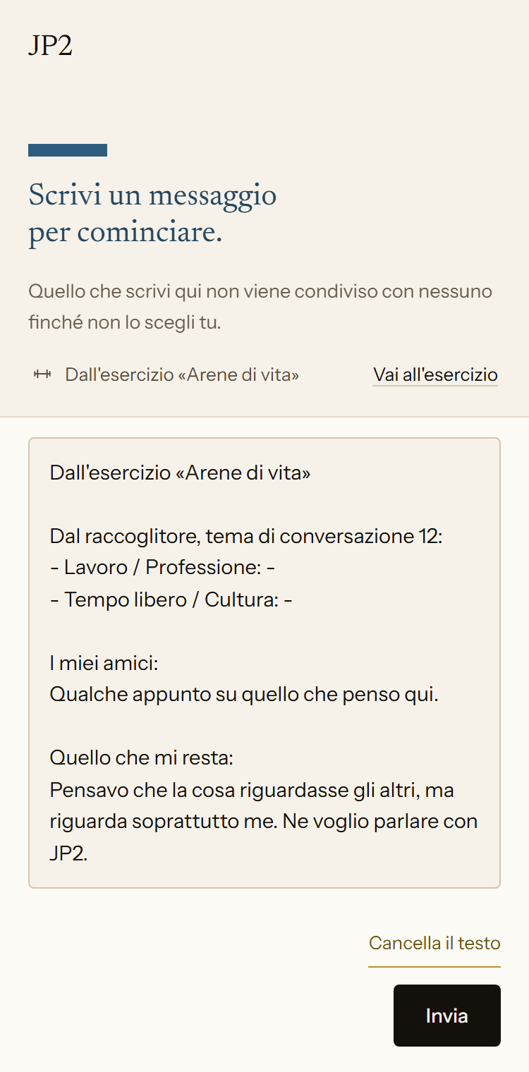 Una nuova conversazione con JP2 nell'app. Il testo dell'esercizio Arene di vita è inserito nel campo del messaggio, con appunti sugli amici e su ciò che resta alla persona.