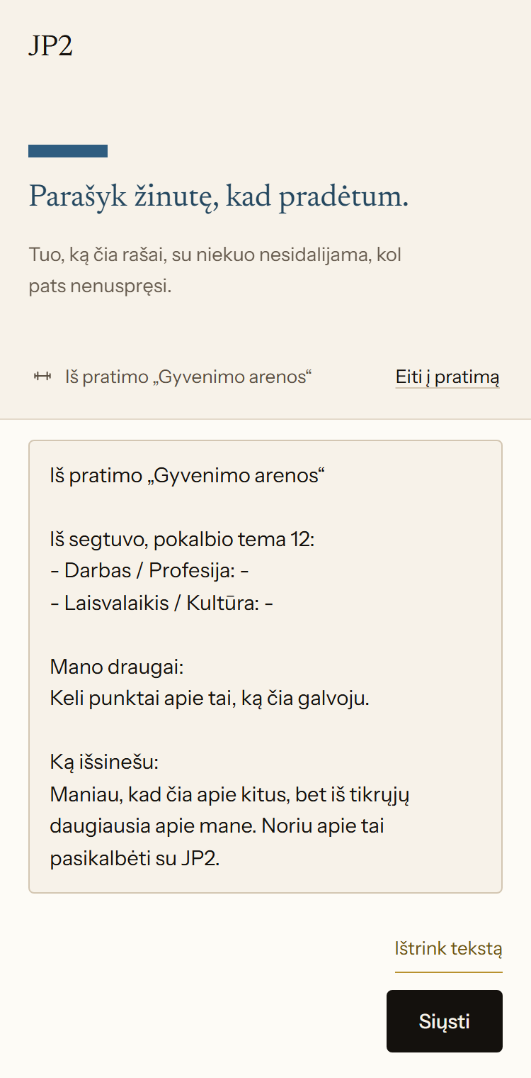 Naujas pokalbis su JP2 programėlėje. Į žinutės laukelį įvestas pratimo „Gyvenimo arenos“ tekstas su pastabomis apie draugus ir tai, kas žmogui lieka po bendravimo.