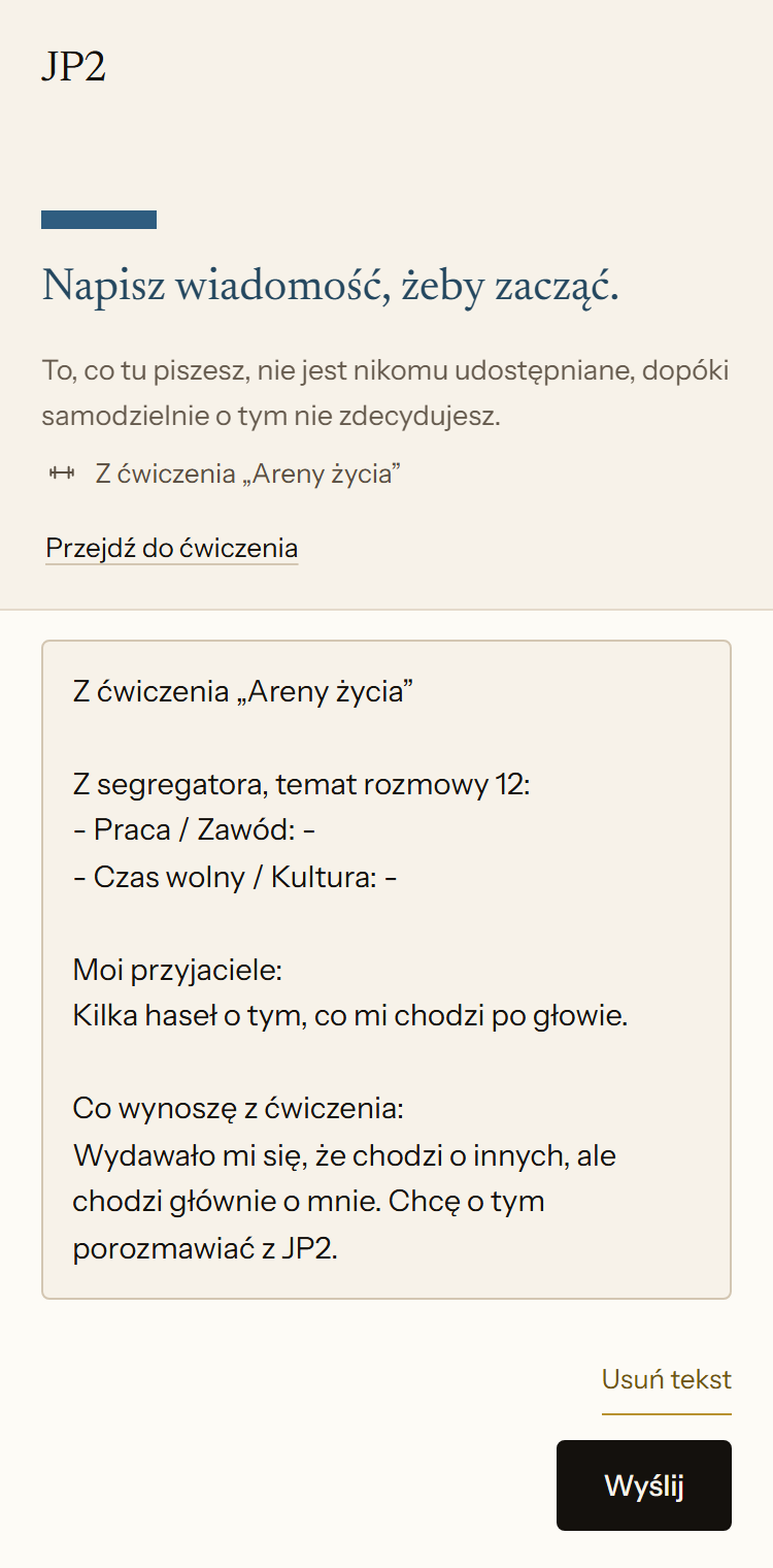 Nowa rozmowa z JP2 w aplikacji. W polu wiadomości wpisano tekst z ćwiczenia „Areny życia”, z notatkami o przyjaciołach i o tym, co pozostaje z tego dla tej osoby.