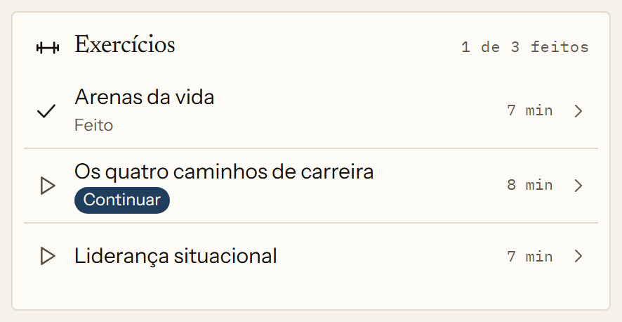 Os exercícios de um tema no app: três vídeos curtos com Jan Petrus, com duração de sete a oito minutos cada. O primeiro foi concluído, e o segundo foi iniciado.