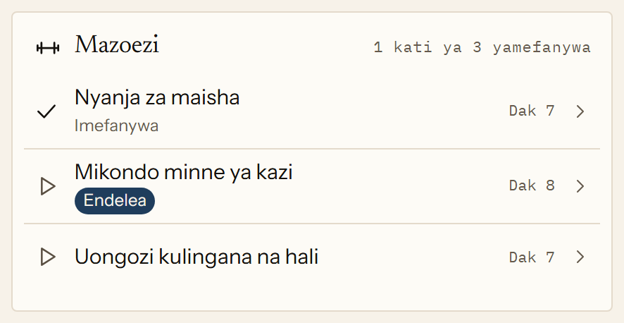Mazoezi ya mada moja kwenye programu: video tatu fupi na Jan Petrus, kila moja ikiwa na urefu wa dakika saba hadi nane. Zoezi la kwanza limekamilika, la pili limeanzwa.