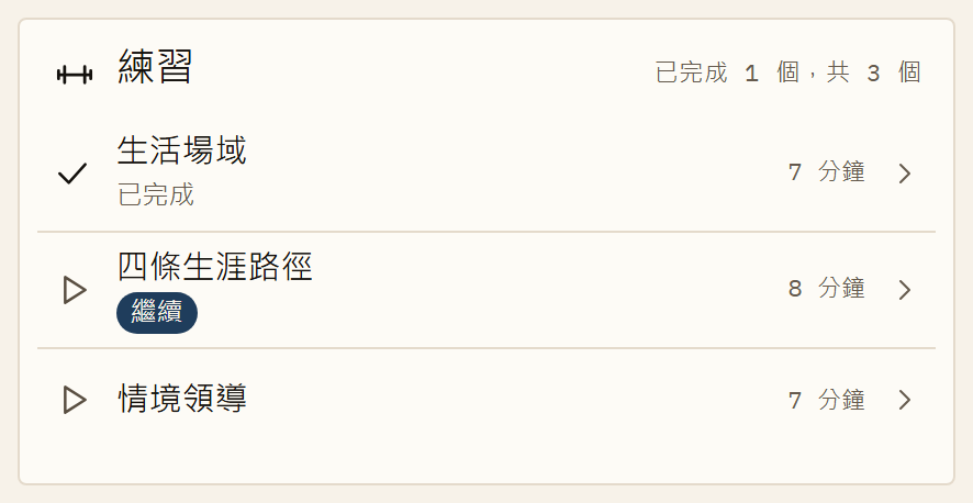 應用程式中某個主題的練習:三部由 Jan Petrus 出鏡的短片,每部七到八分鐘。第一個練習已完成,第二個已開始。
